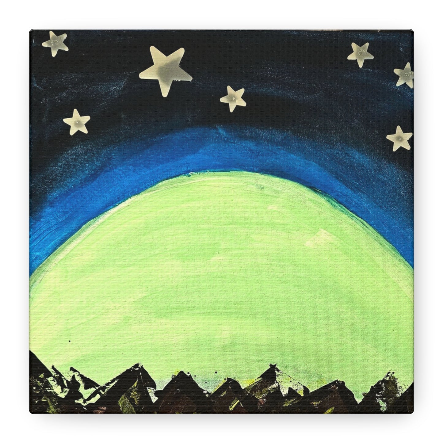 Green Moonrise Canvas Wall Art – Mountain Silhouette Nightscape