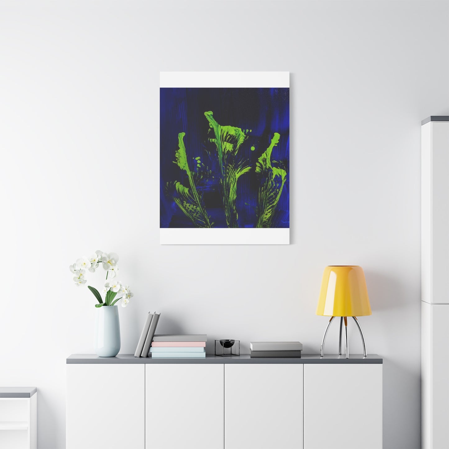calla_lillies_pt.2 - Neon Floral Abstract Canvas Print — Blue & Lime Stretched Wall Art