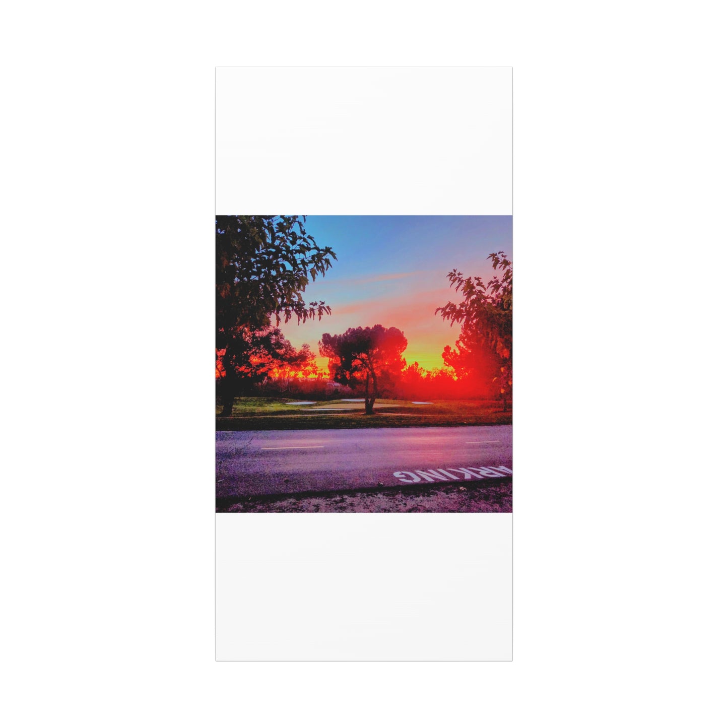 4th green @muni - Sunset Park Matte Canvas Print — Vibrant Red & Orange Landscape Wall Art