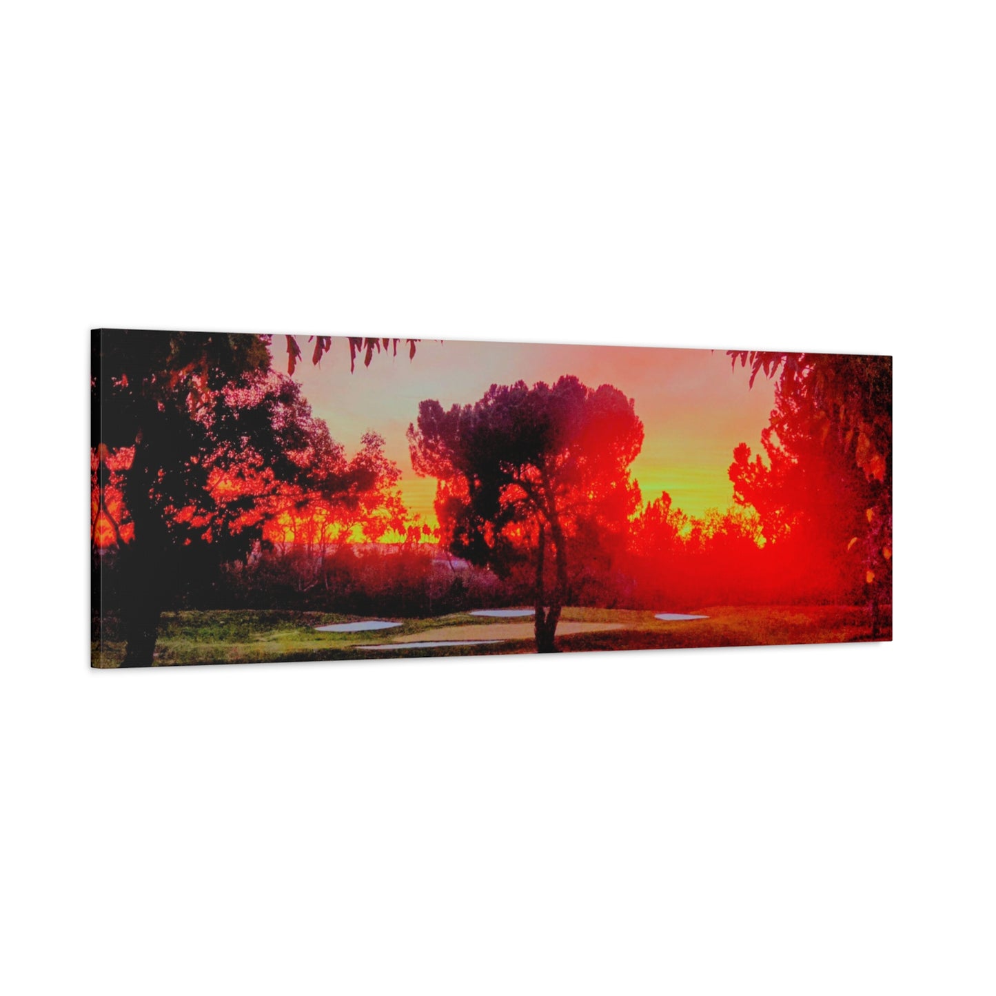 4th green @muni - Sunset Park Matte Canvas Print — Vibrant Red & Orange Landscape Wall Art