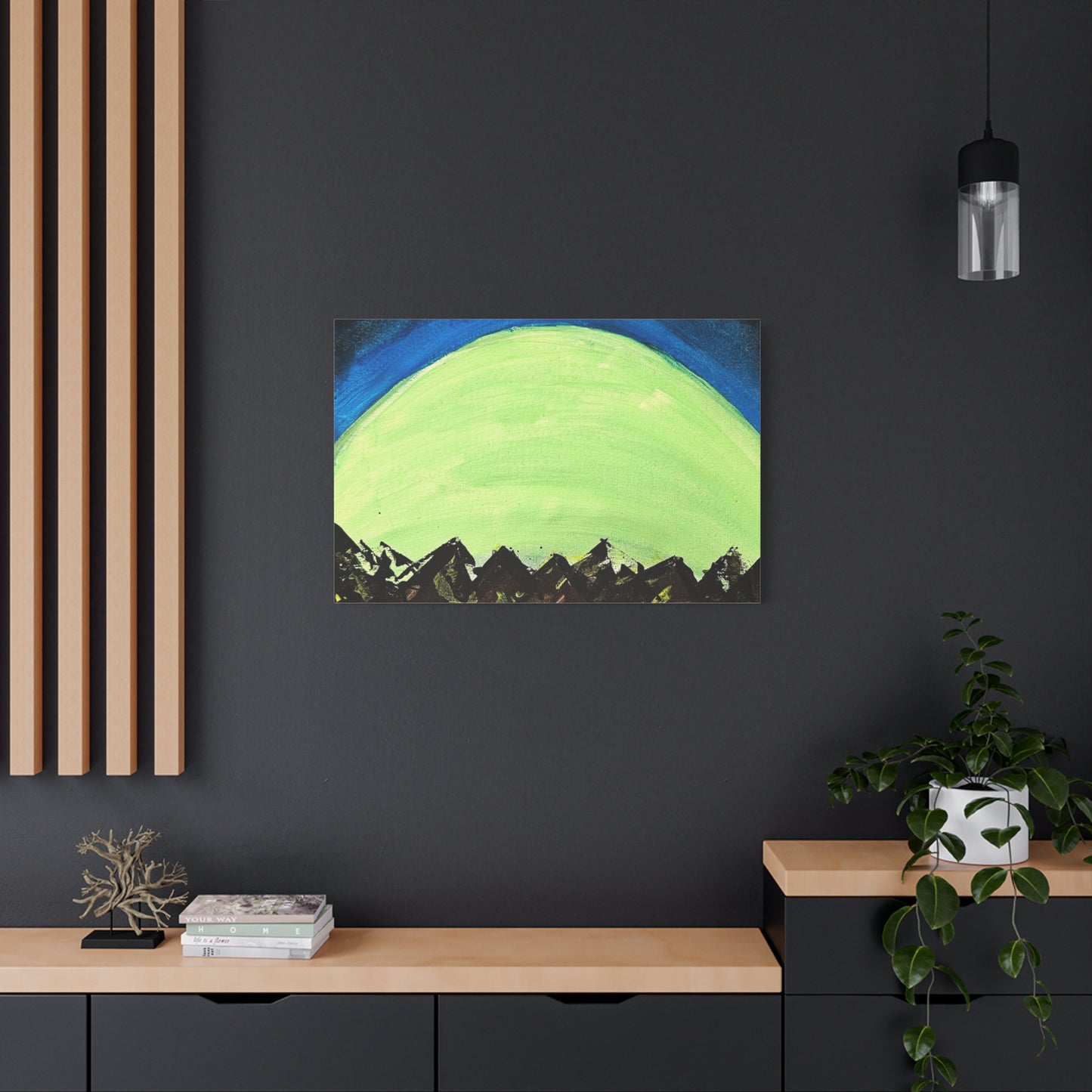 Green Moonrise Canvas Wall Art – Mountain Silhouette Nightscape
