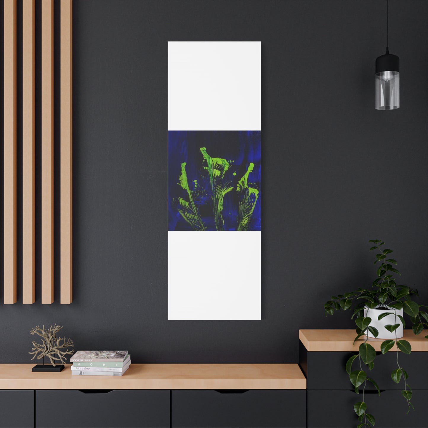 calla_lillies_pt.2 - Neon Floral Abstract Canvas Print — Blue & Lime Stretched Wall Art