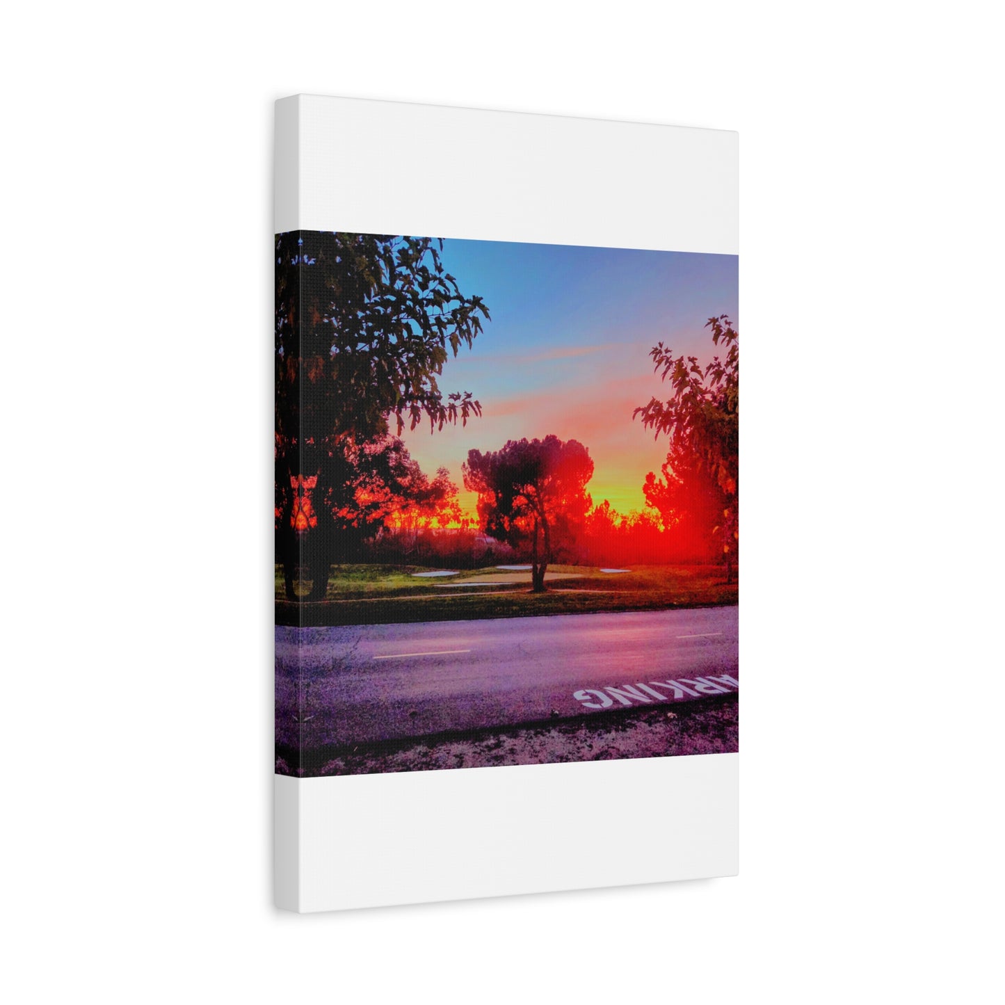 4th green @muni - Sunset Park Matte Canvas Print — Vibrant Red & Orange Landscape Wall Art