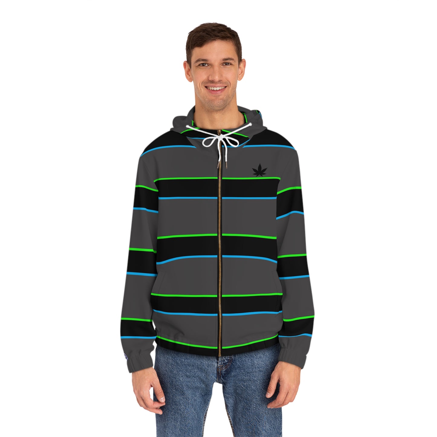 Men's Striped Full-Zip Hoodie — Neon Green & Blue Retro Stripe with Subtle Leaf Accent