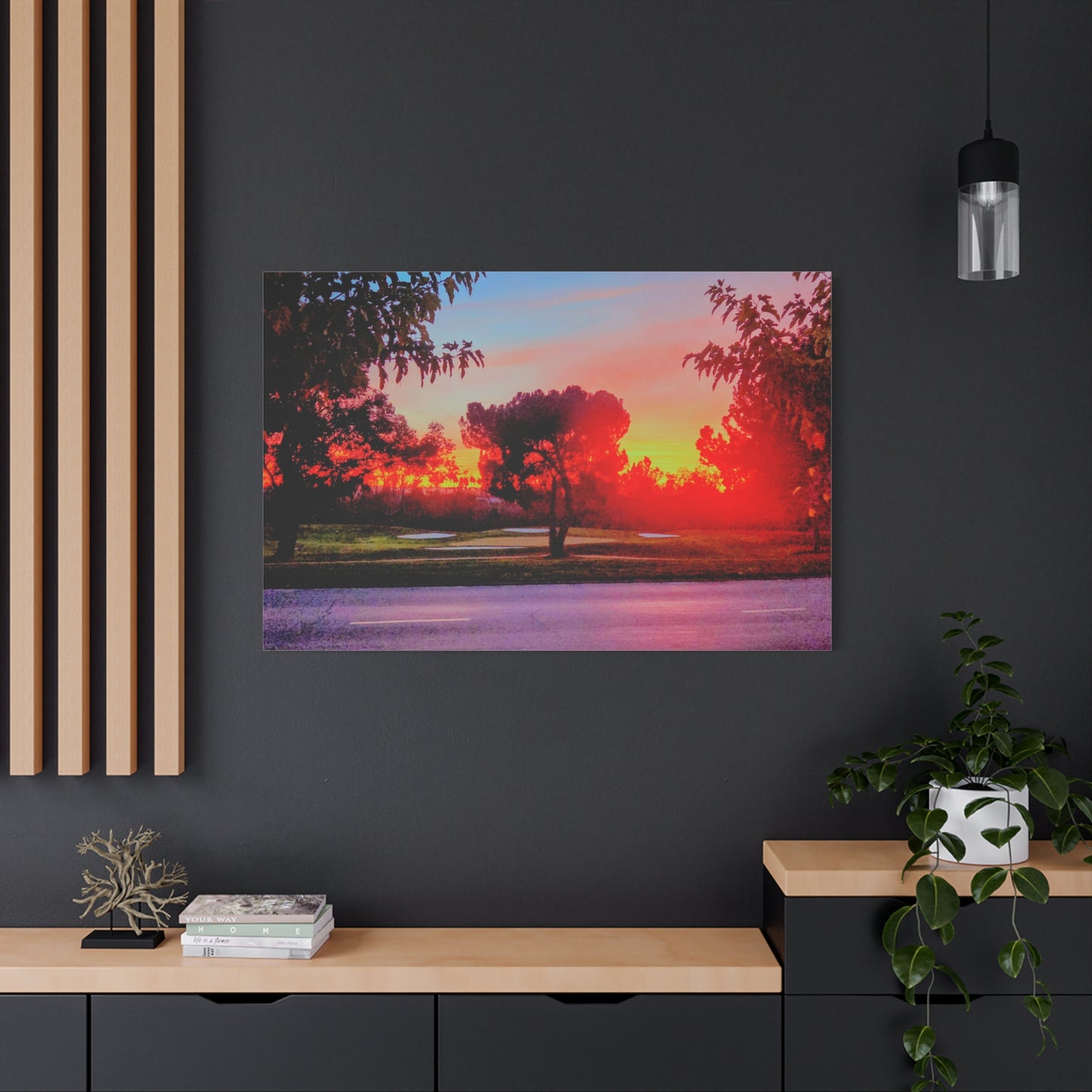 4th green @muni - Sunset Park Matte Canvas Print — Vibrant Red & Orange Landscape Wall Art