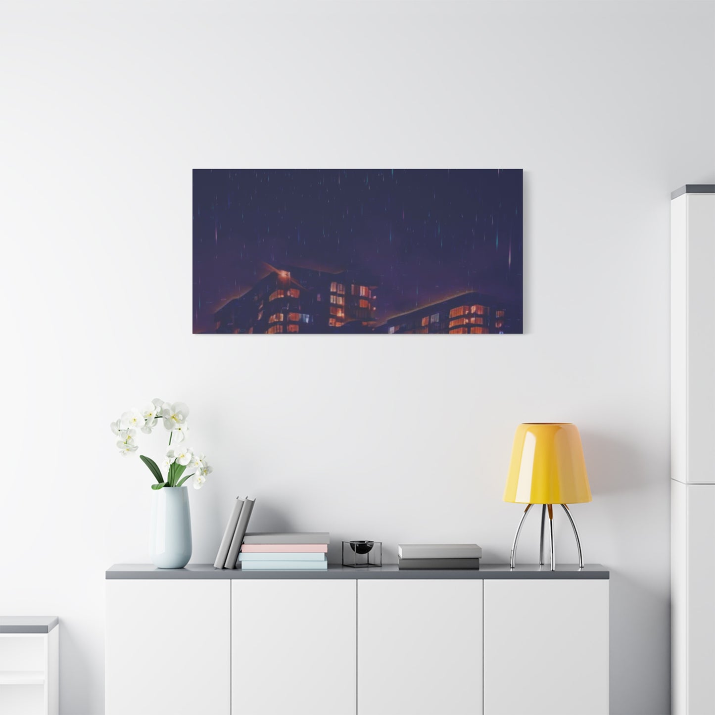 Neon Percipitation @ night - Canvas Print — Moody Urban Wall Art