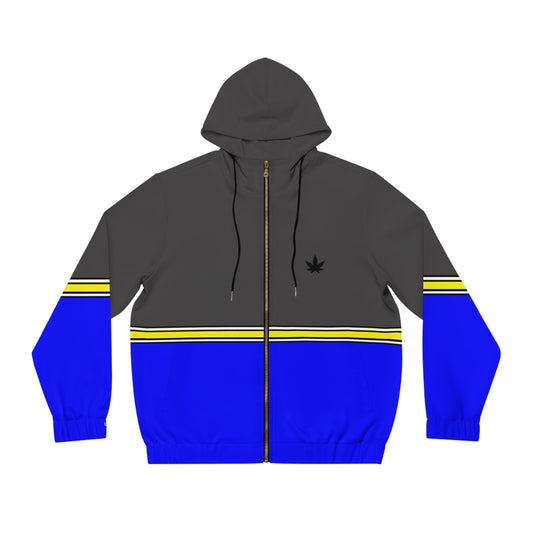 Blue Stripe Full-Zip Hoodie — Casual Streetwear Jacket with Leaf Logo
