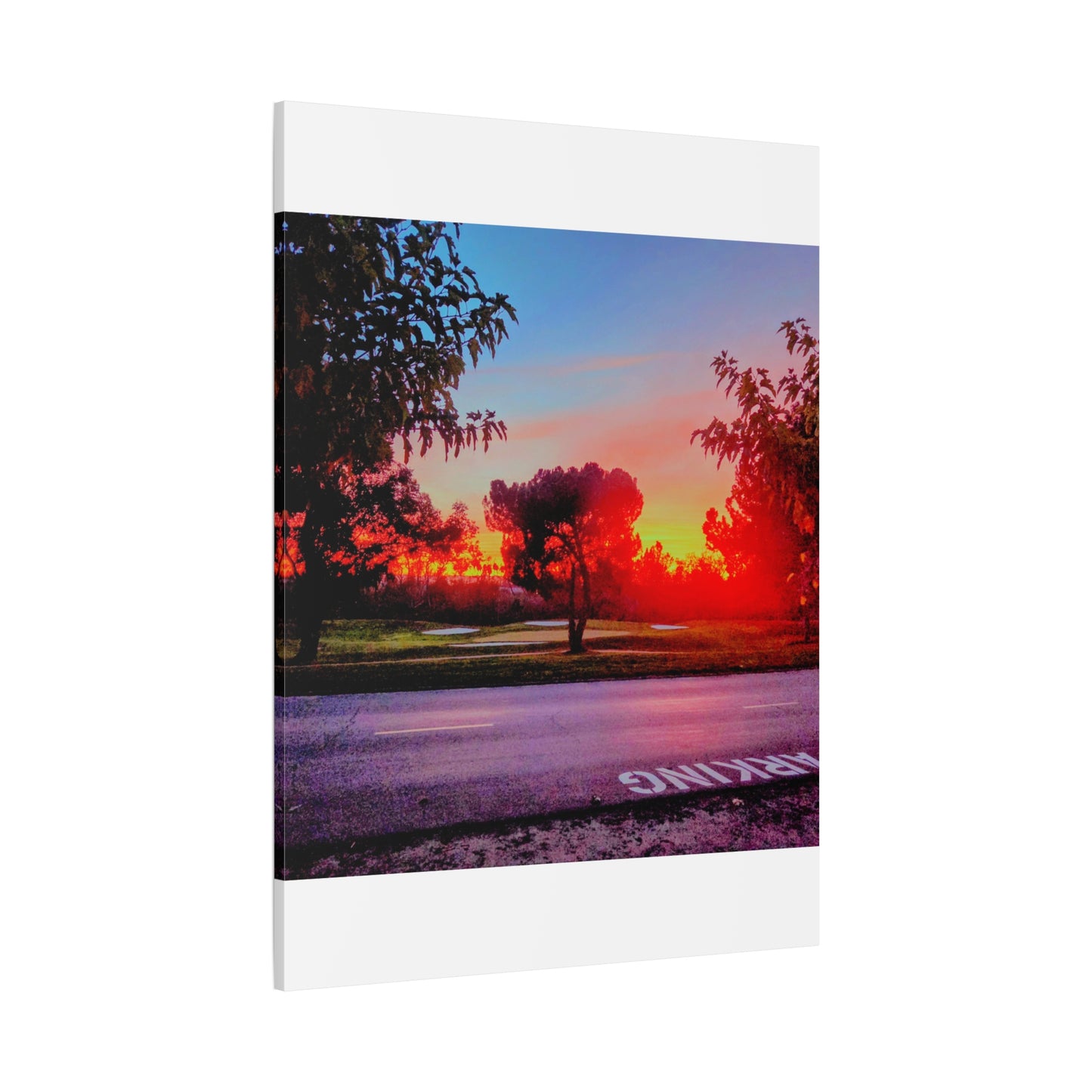 4th green @muni - Sunset Park Matte Canvas Print — Vibrant Red & Orange Landscape Wall Art