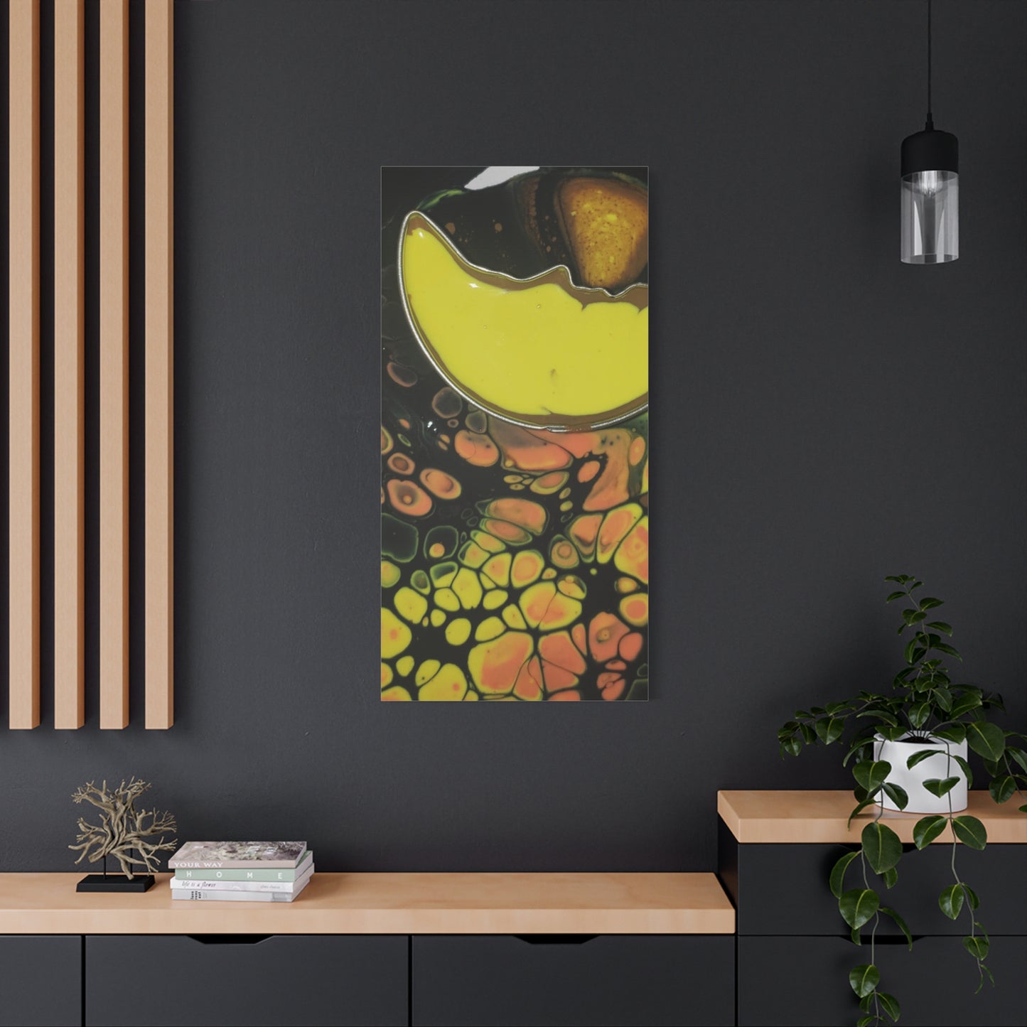 Abstract Fluid Art Canvas Print — Yellow & Black Cell Pour
