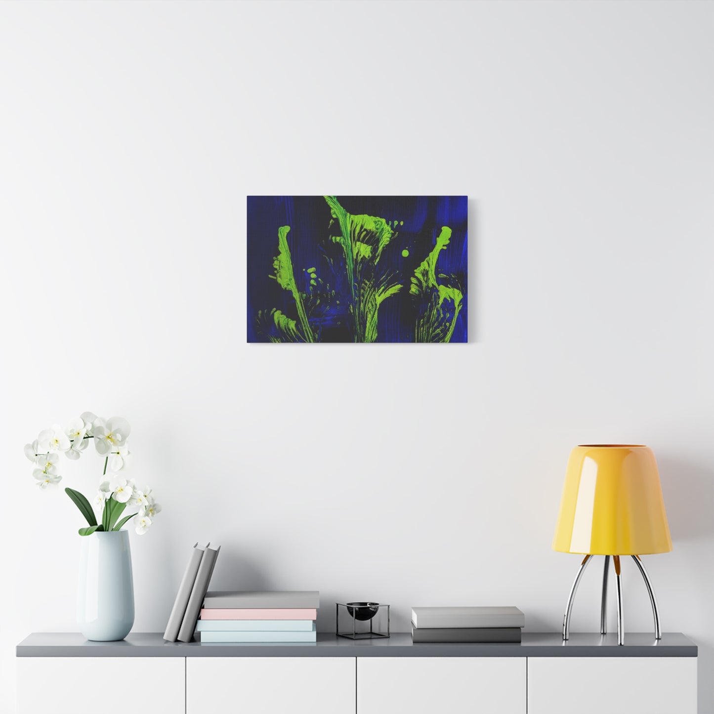calla_lillies_pt.2 - Neon Floral Abstract Canvas Print — Blue & Lime Stretched Wall Art