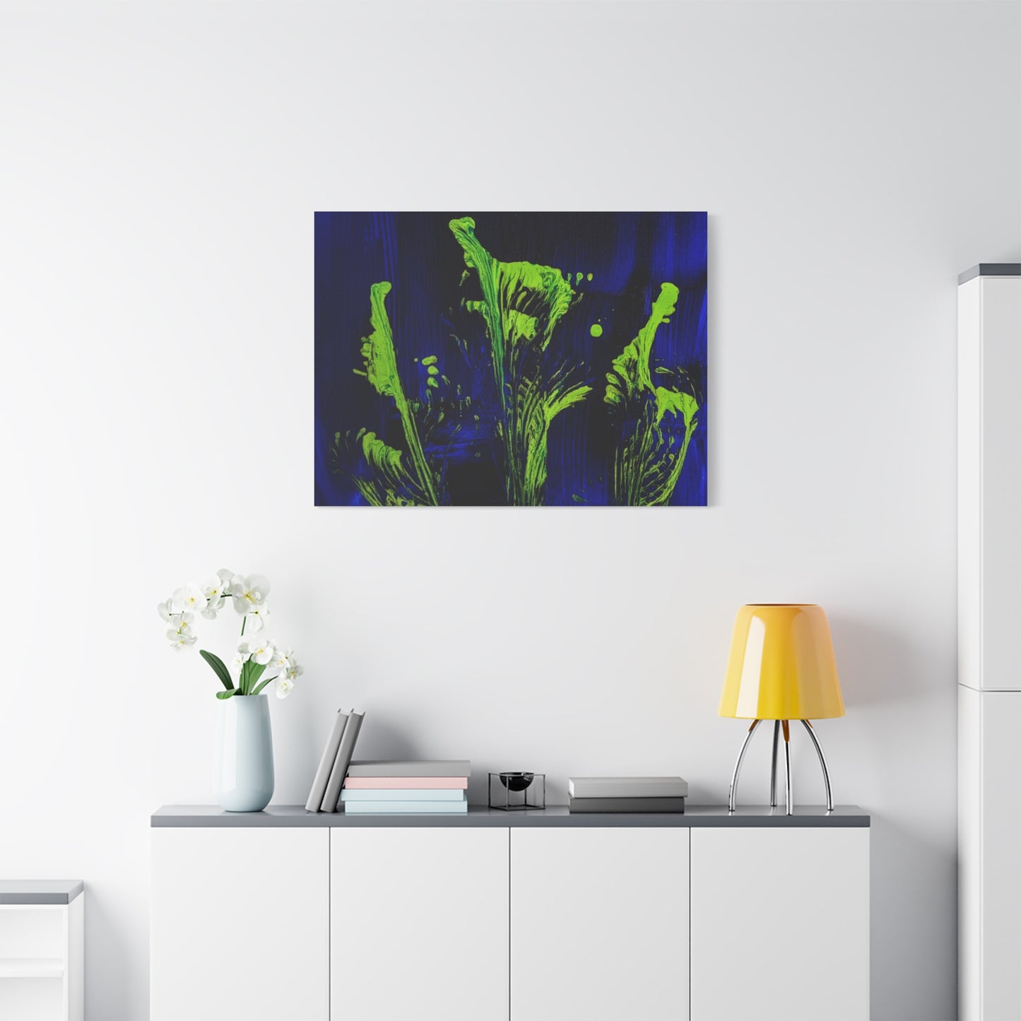 calla_lillies_pt.2 - Neon Floral Abstract Canvas Print — Blue & Lime Stretched Wall Art