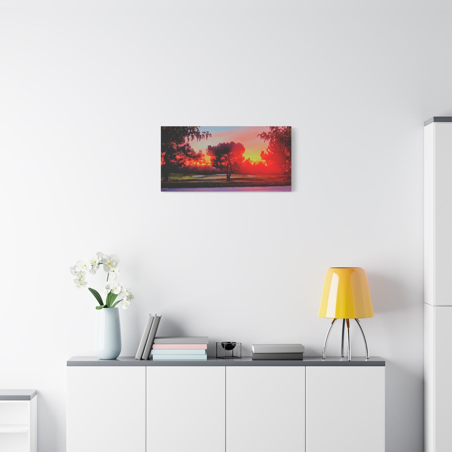 4th green @muni - Sunset Park Matte Canvas Print — Vibrant Red & Orange Landscape Wall Art