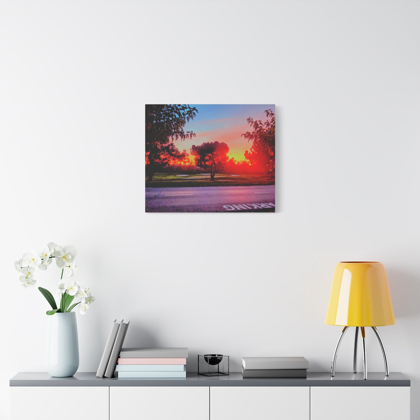 4th green @muni - Sunset Park Matte Canvas Print — Vibrant Red & Orange Landscape Wall Art
