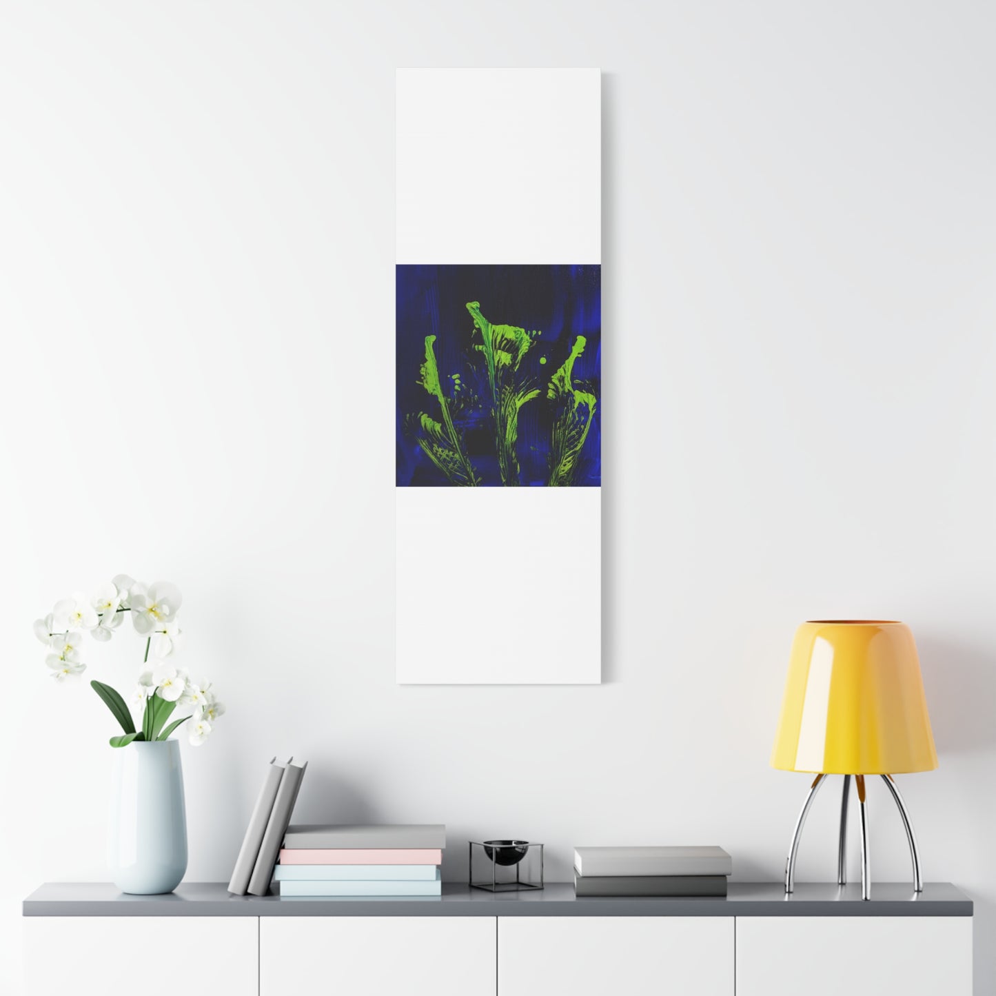 calla_lillies_pt.2 - Neon Floral Abstract Canvas Print — Blue & Lime Stretched Wall Art