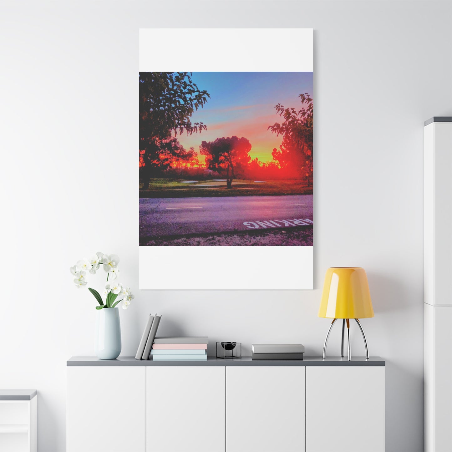 4th green @muni - Sunset Park Matte Canvas Print — Vibrant Red & Orange Landscape Wall Art