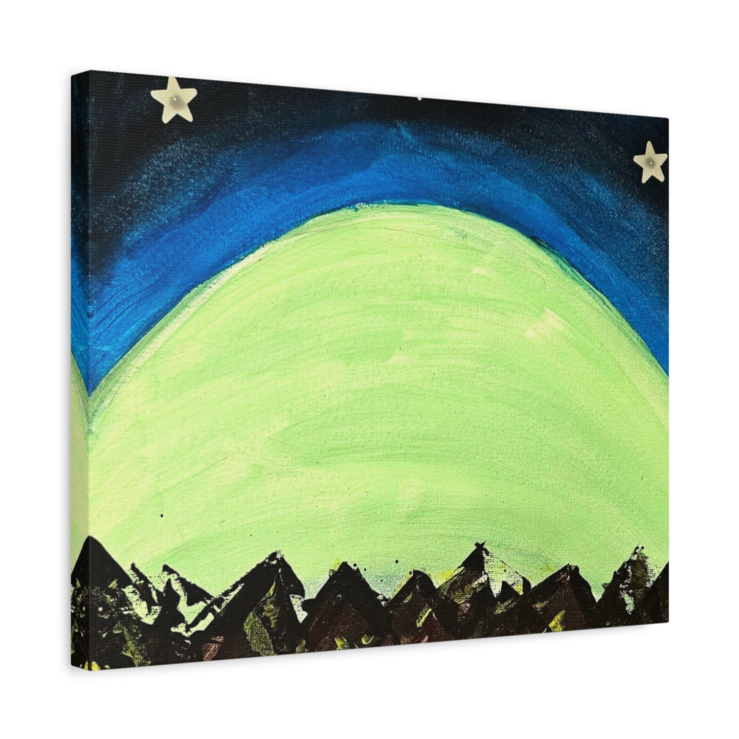 Green Moonrise Canvas Wall Art – Mountain Silhouette Nightscape