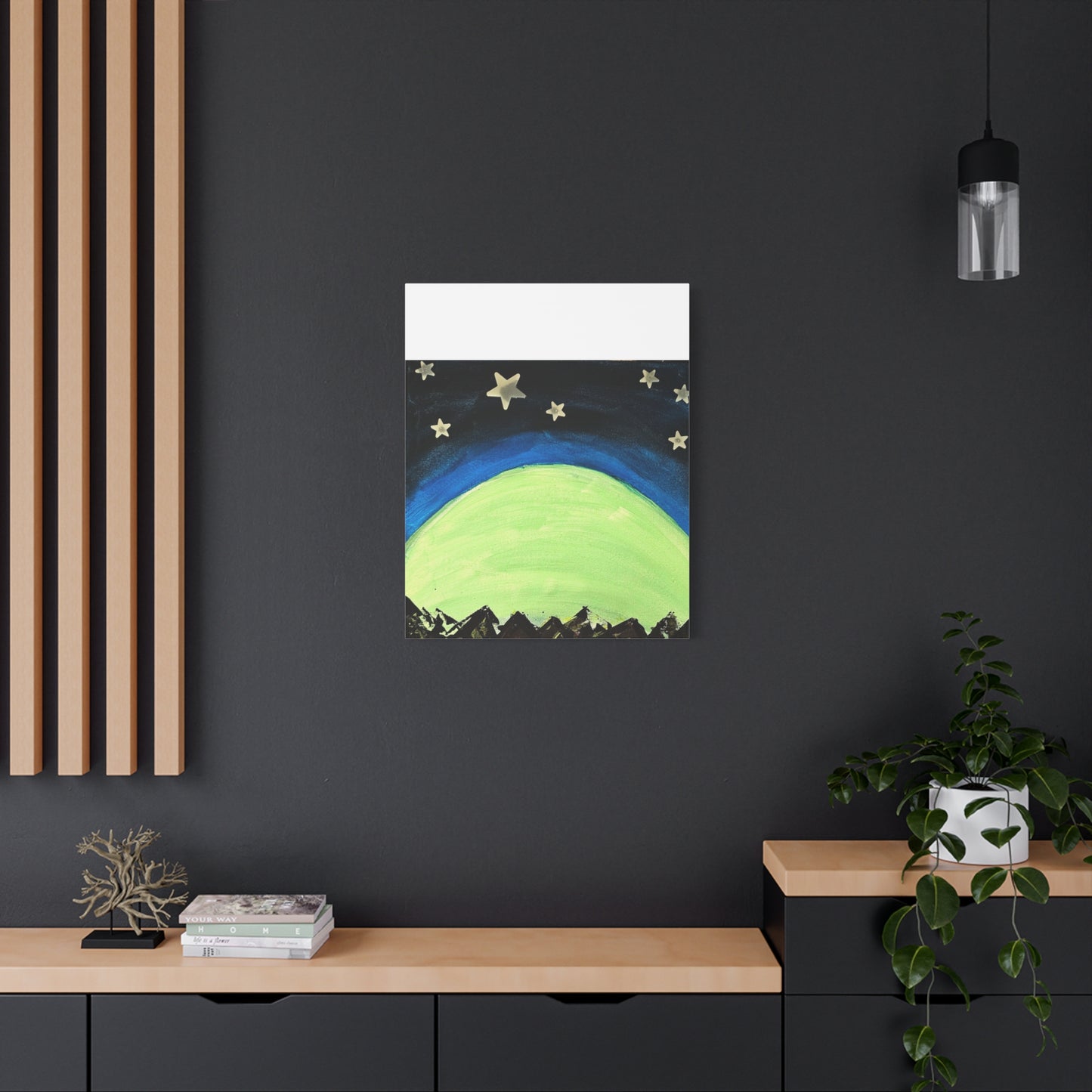 Green Moonrise Canvas Wall Art – Mountain Silhouette Nightscape