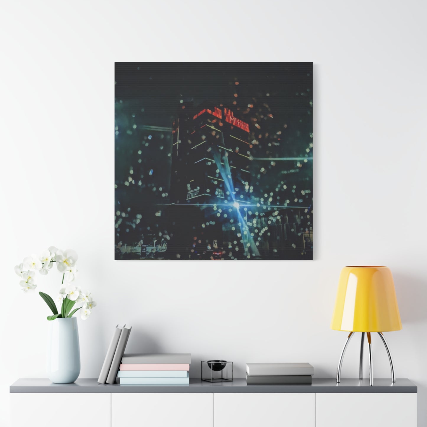 matrix @night Canvas Print — Moody Rainy Urban Wall Art (Matte Stretched)