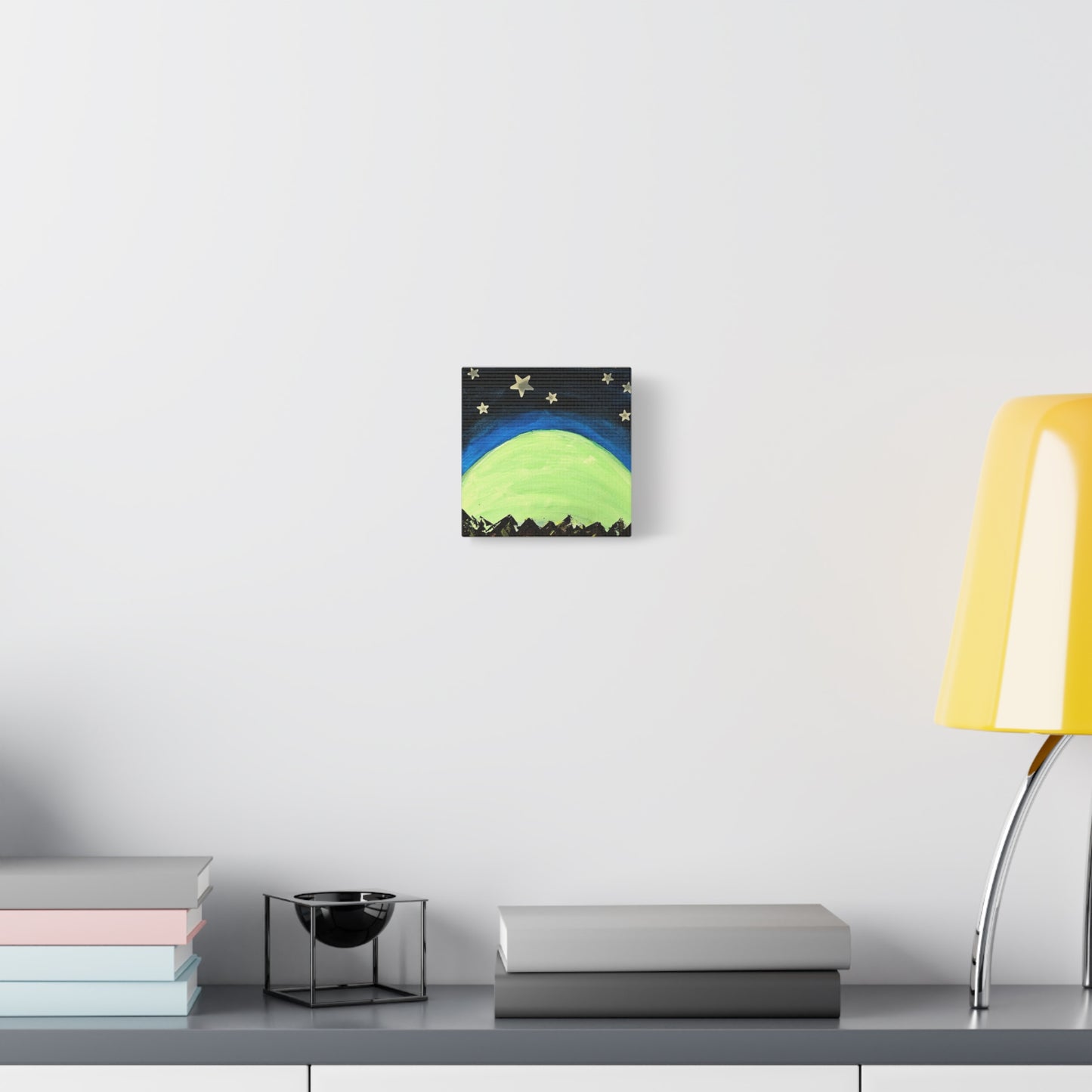 Green Moonrise Canvas Wall Art – Mountain Silhouette Nightscape