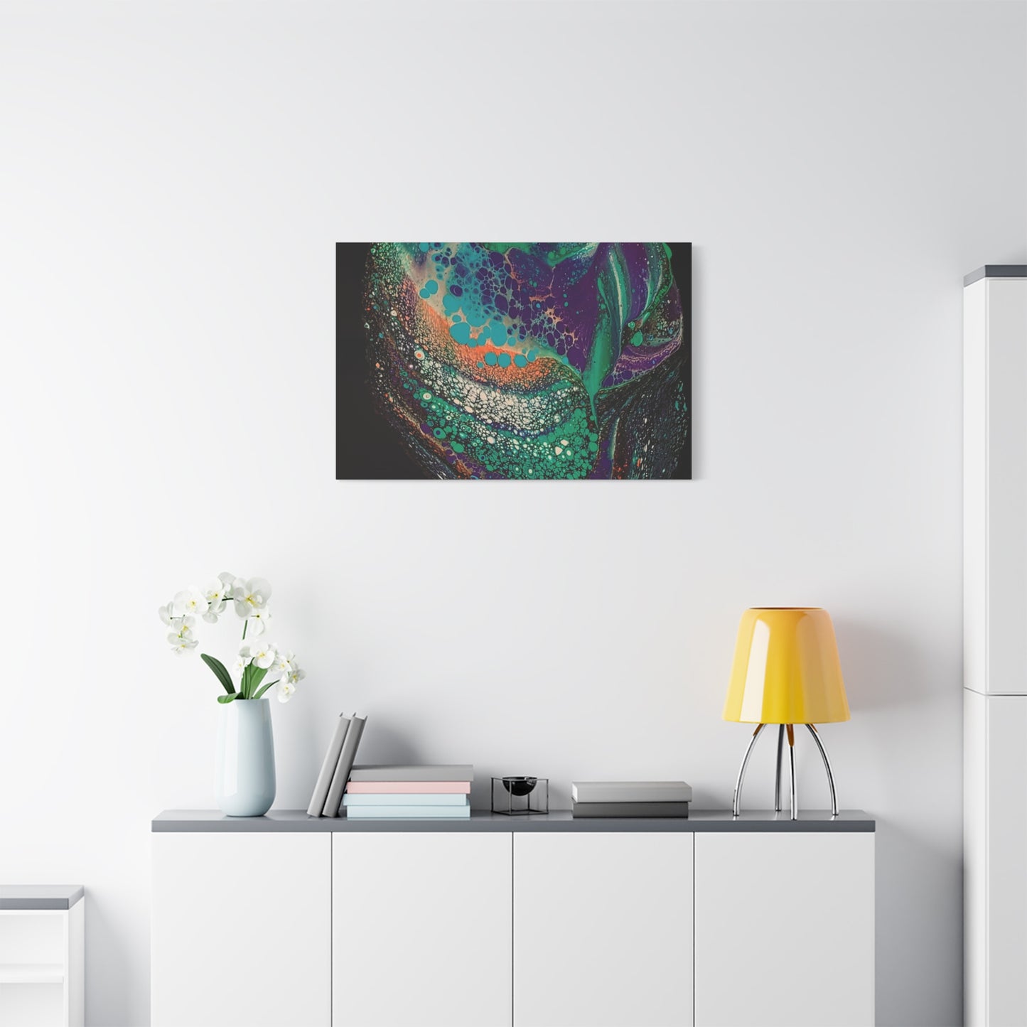 Abstract Fluid Art Canvas Print — Teal, Purple & Gold Swirl Matte Stretched Wall Art