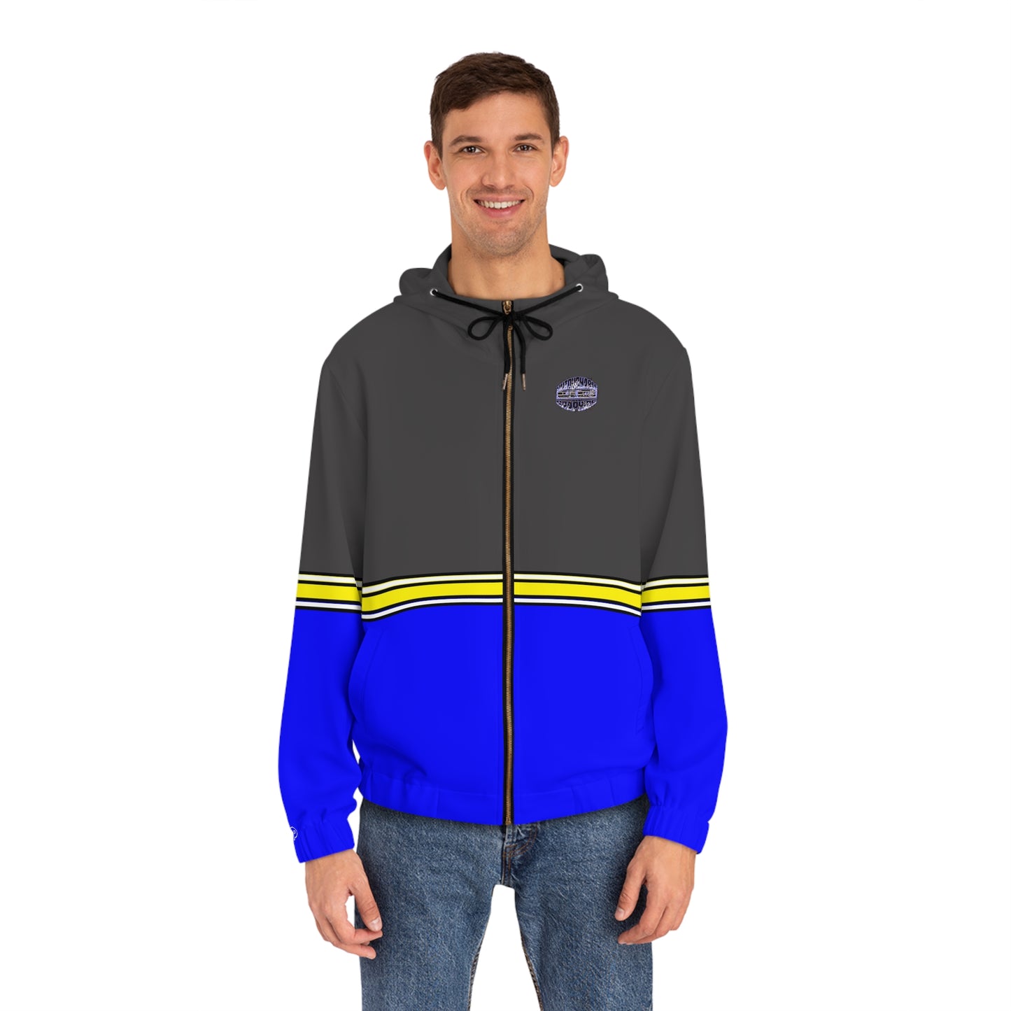 Blue Stripe Full-Zip Hoodie — Casual Streetwear Jacket with Leaf Logo
