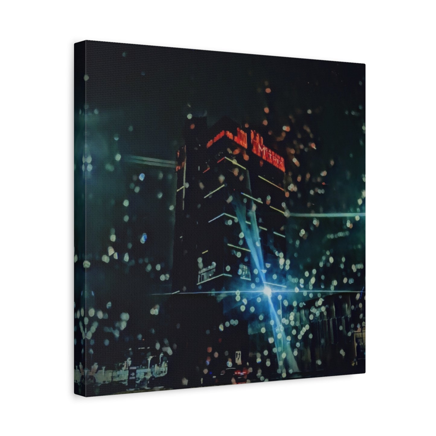 matrix @night Canvas Print — Moody Rainy Urban Wall Art (Matte Stretched)