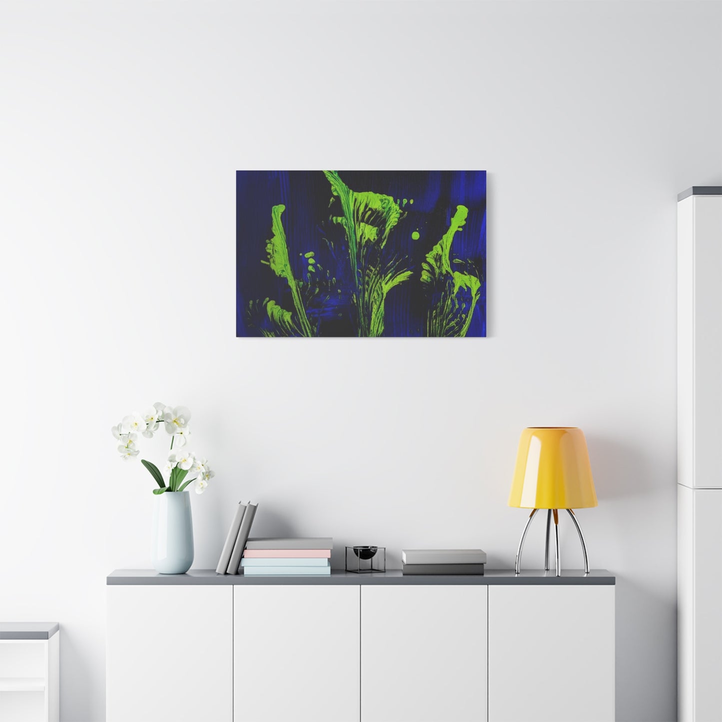 calla_lillies_pt.2 - Neon Floral Abstract Canvas Print — Blue & Lime Stretched Wall Art