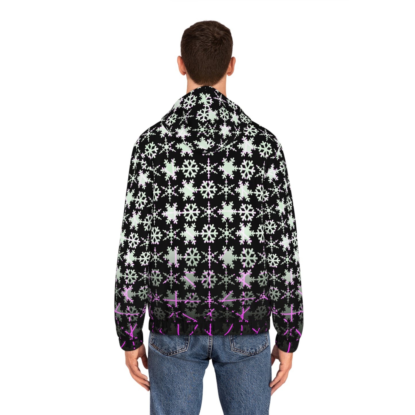Snowflake Pattern Full-Zip Hoodie — Black & Purple Winter Zip-Up