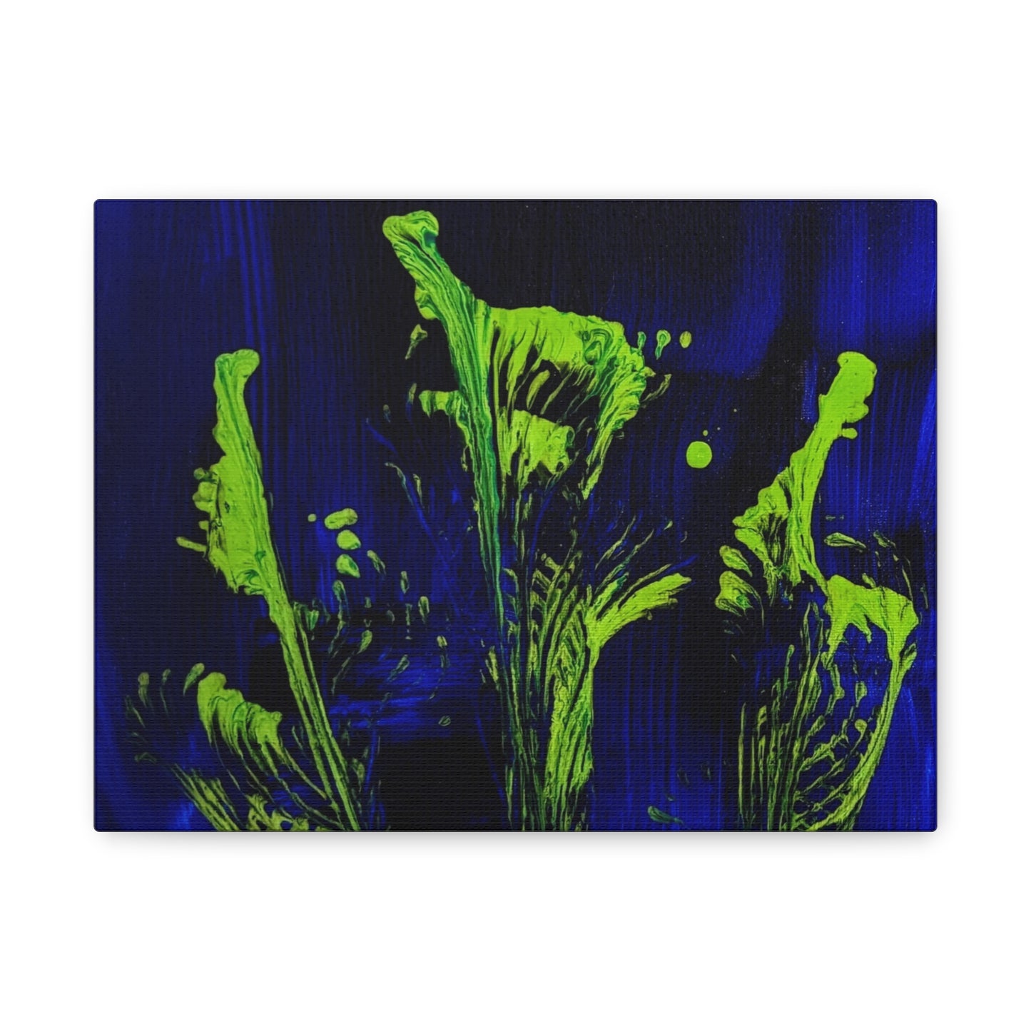 calla_lillies_pt.2 - Neon Floral Abstract Canvas Print — Blue & Lime Stretched Wall Art