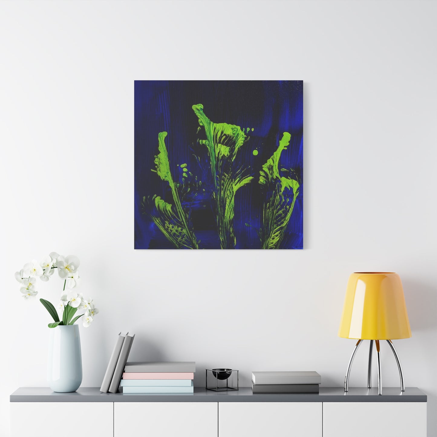 calla_lillies_pt.2 - Neon Floral Abstract Canvas Print — Blue & Lime Stretched Wall Art