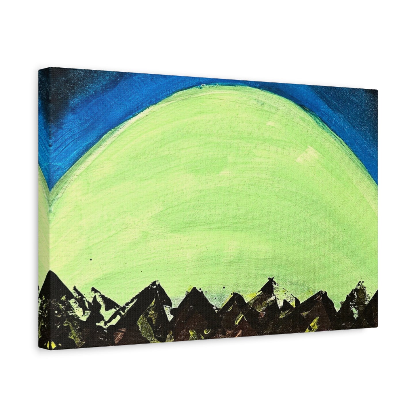 Green Moonrise Canvas Wall Art – Mountain Silhouette Nightscape