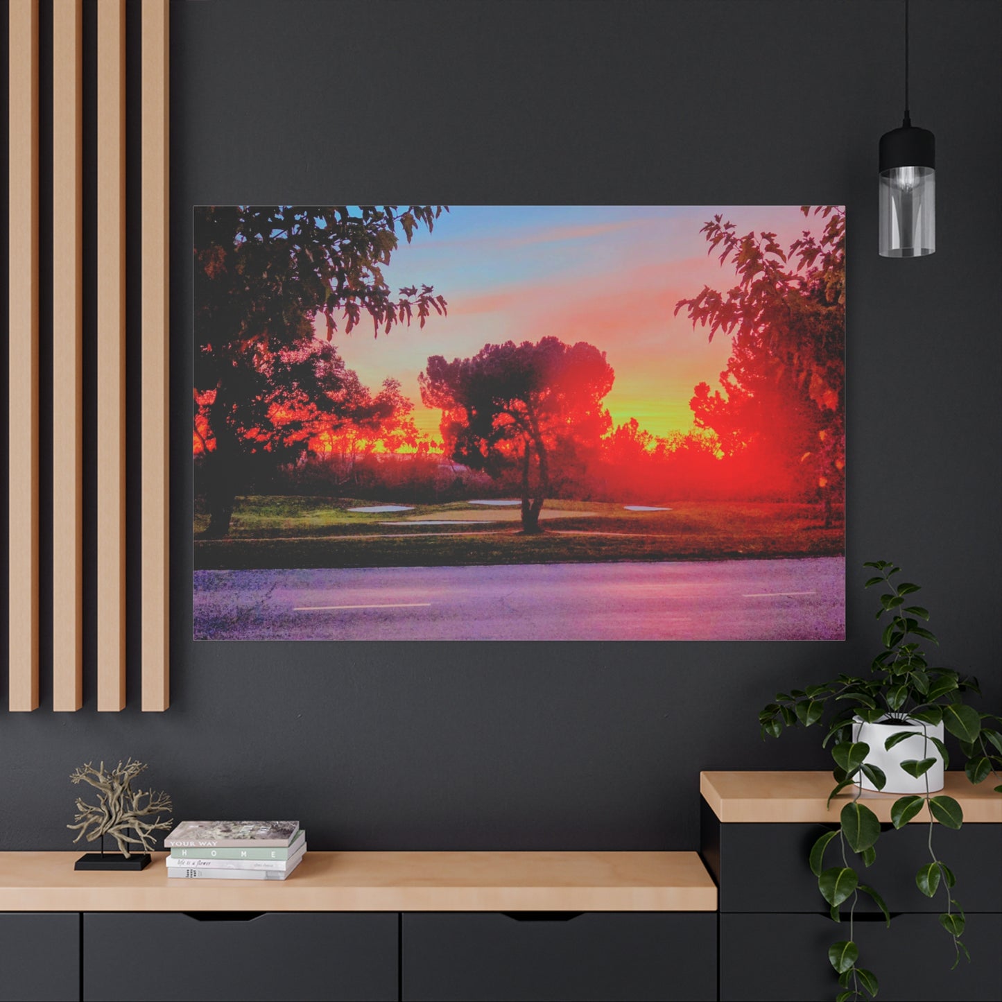4th green @muni - Sunset Park Matte Canvas Print — Vibrant Red & Orange Landscape Wall Art