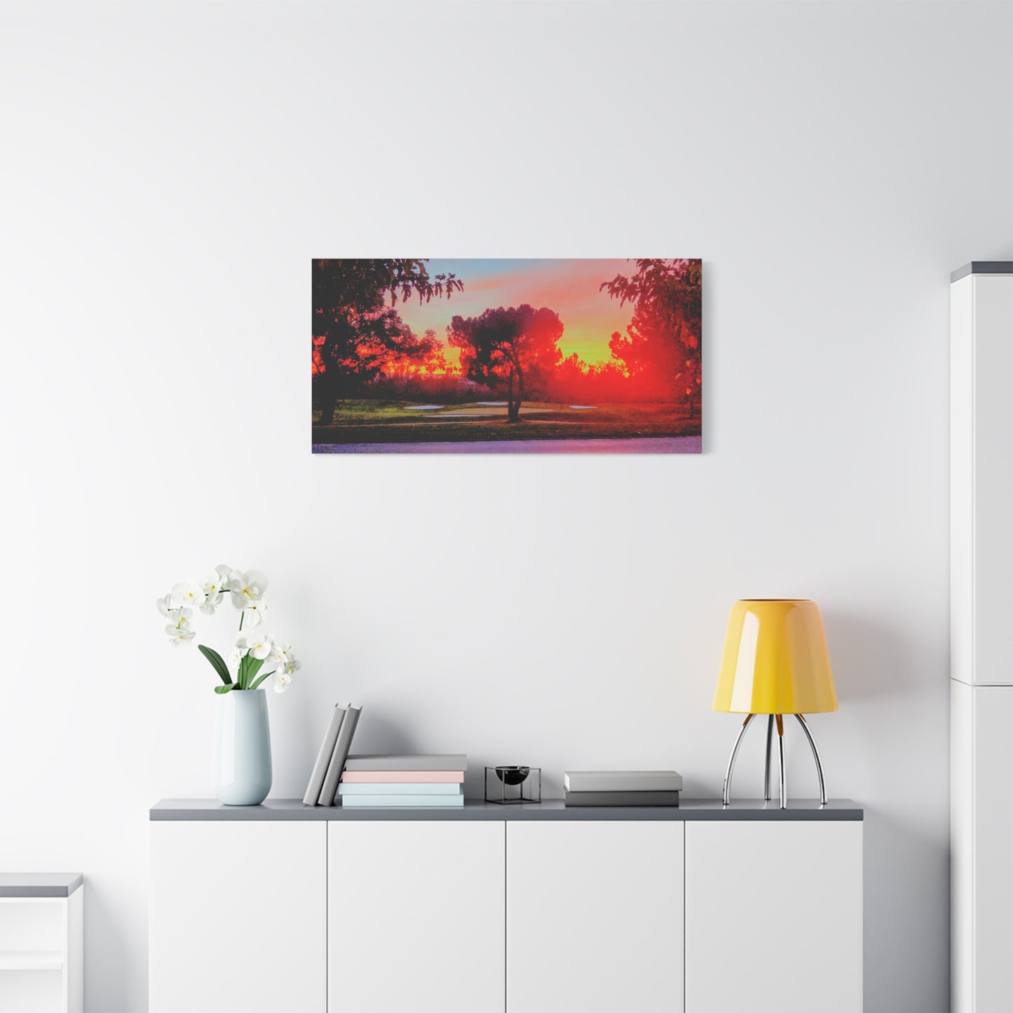 4th green @muni - Sunset Park Matte Canvas Print — Vibrant Red & Orange Landscape Wall Art