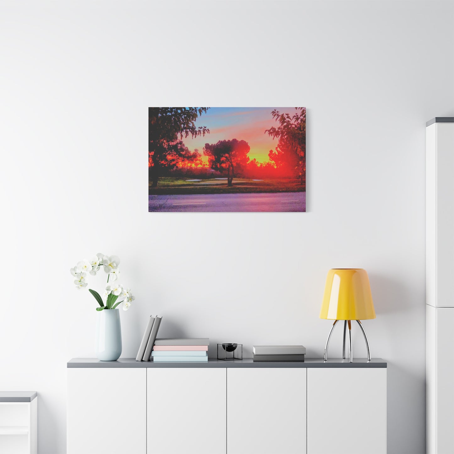 4th green @muni - Sunset Park Matte Canvas Print — Vibrant Red & Orange Landscape Wall Art