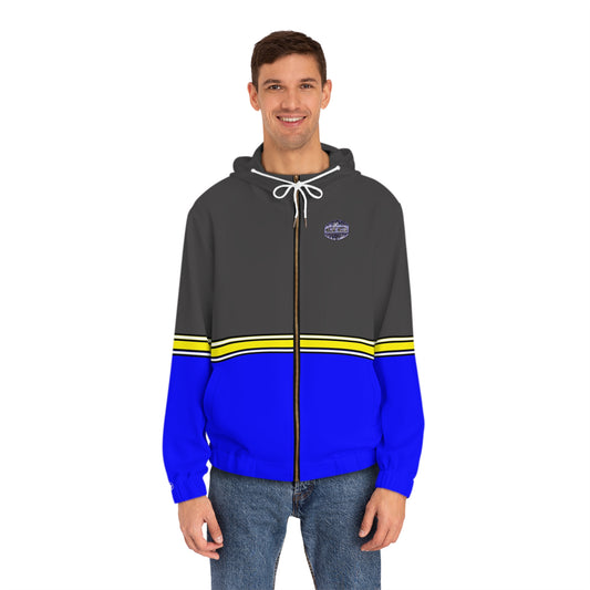 Blue Stripe Full-Zip Hoodie — Casual Streetwear Jacket with Leaf Logo