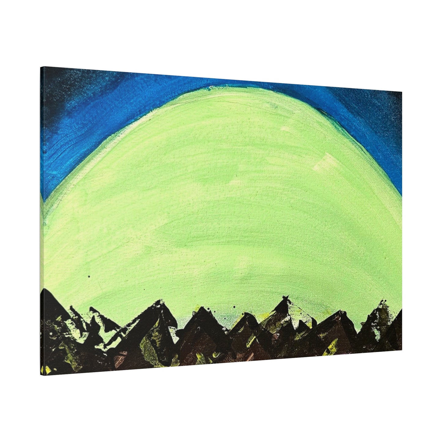 Green Moonrise Canvas Wall Art – Mountain Silhouette Nightscape
