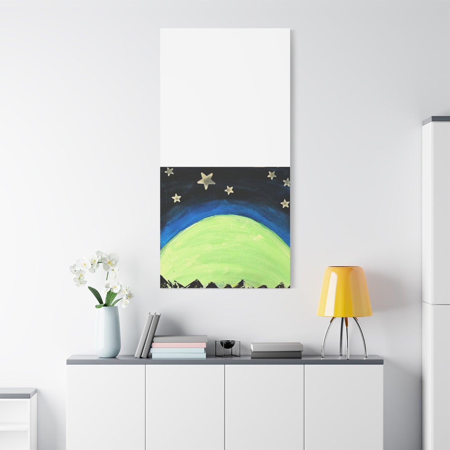 Green Moonrise Canvas Wall Art – Mountain Silhouette Nightscape