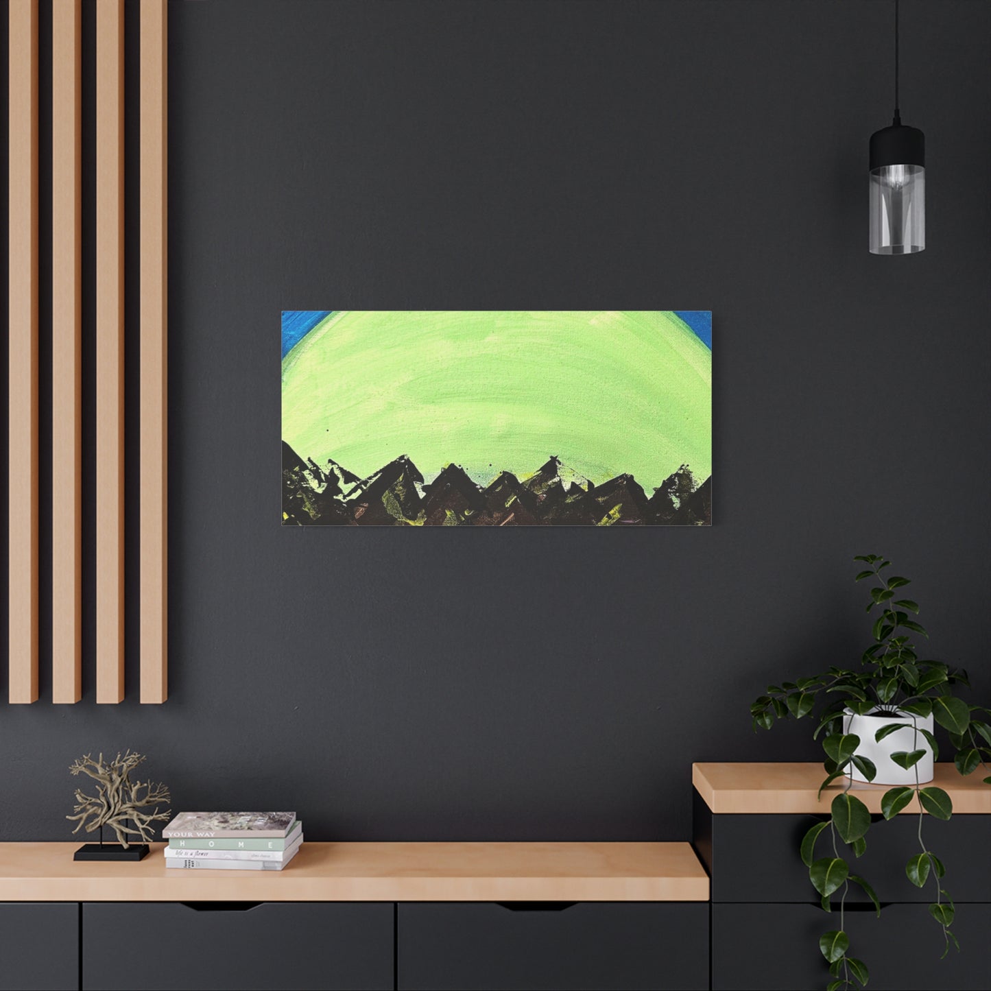 Green Moonrise Canvas Wall Art – Mountain Silhouette Nightscape