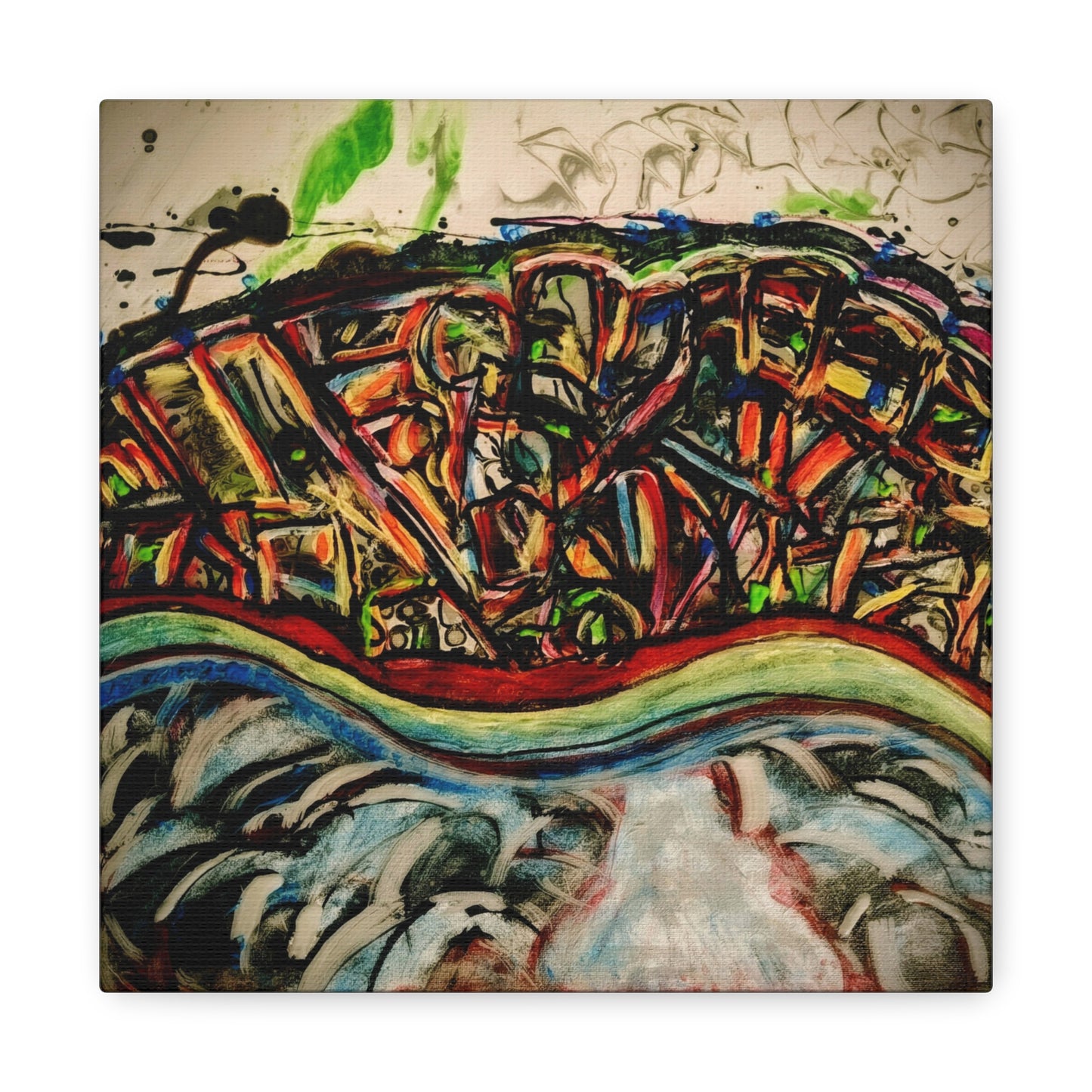 Acrylic_inequalities - Abstract Coastal Cityscape Canvas — Vibrant Ocean Wave Wall Art