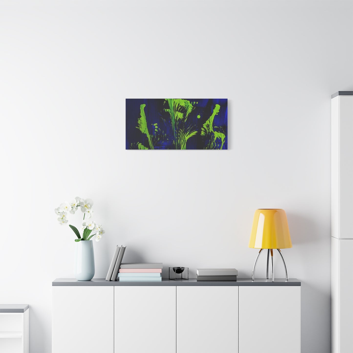 calla_lillies_pt.2 - Neon Floral Abstract Canvas Print — Blue & Lime Stretched Wall Art