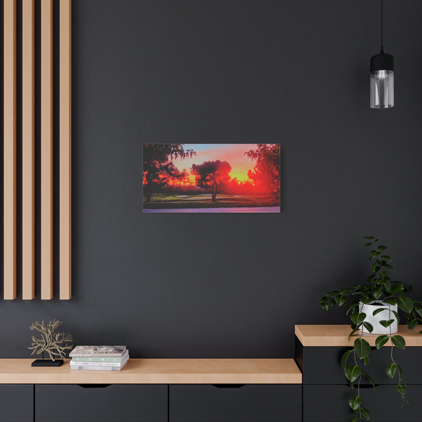 4th green @muni - Sunset Park Matte Canvas Print — Vibrant Red & Orange Landscape Wall Art