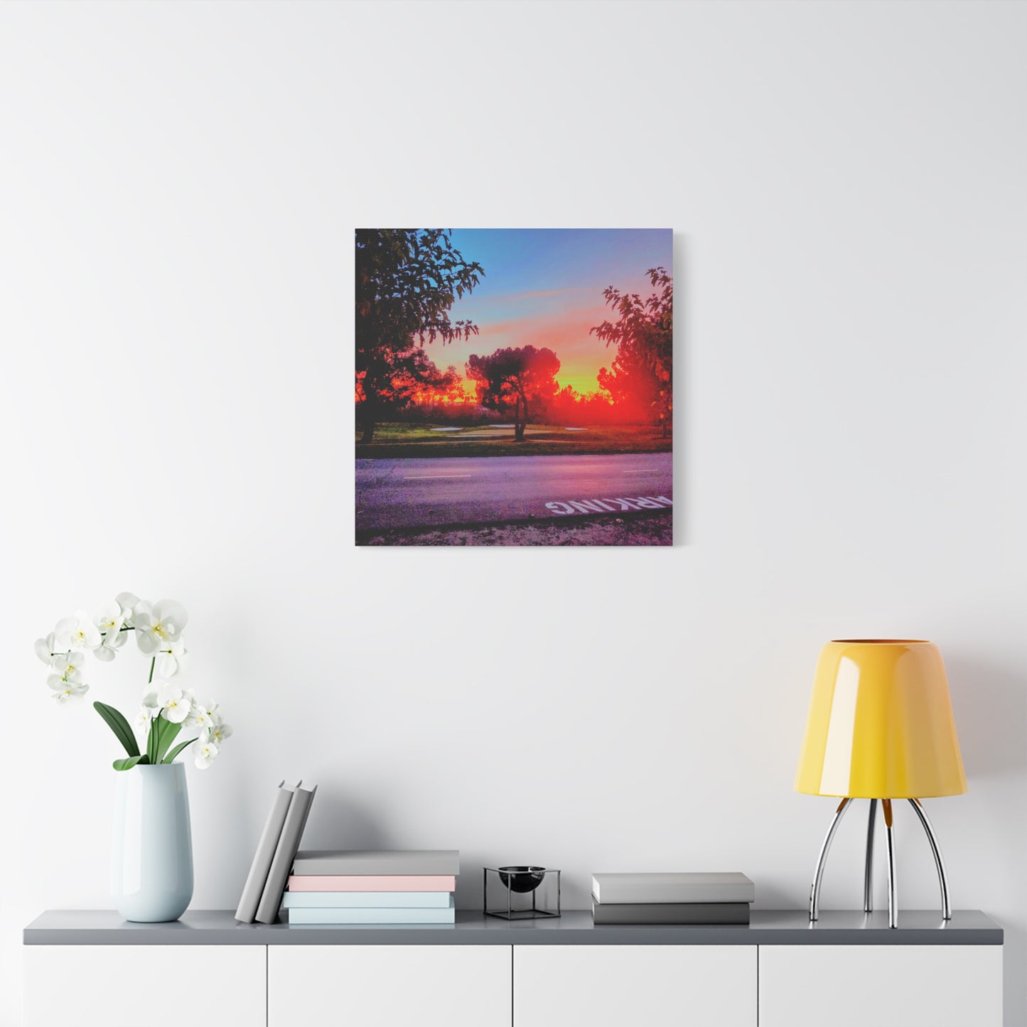4th green @muni - Sunset Park Matte Canvas Print — Vibrant Red & Orange Landscape Wall Art