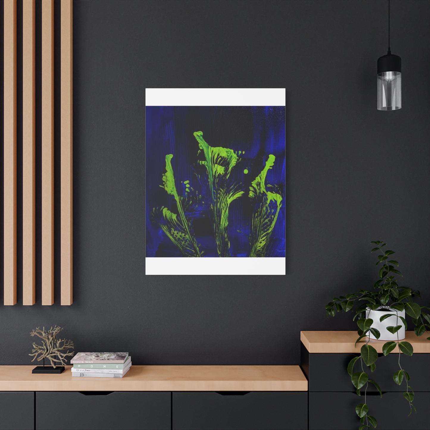 calla_lillies_pt.2 - Neon Floral Abstract Canvas Print — Blue & Lime Stretched Wall Art