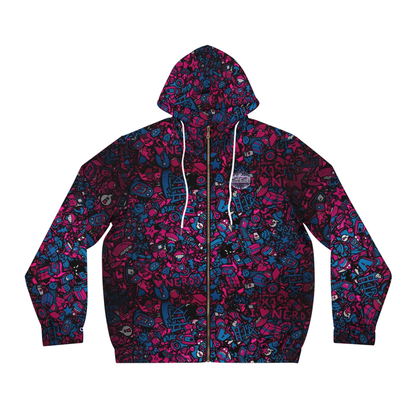 Men's Doodle Graphic Full‑Zip Hoodie — Neon Pink & Blue All‑Over Print