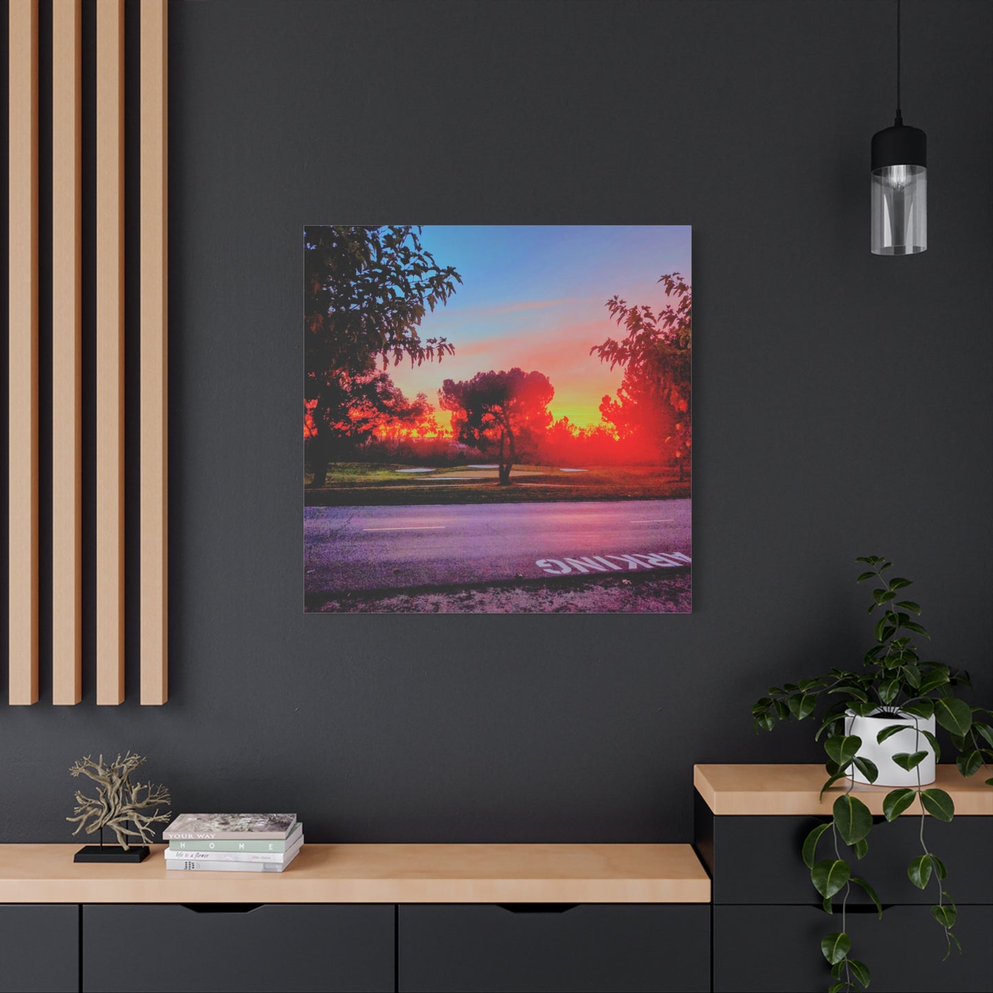 4th green @muni - Sunset Park Matte Canvas Print — Vibrant Red & Orange Landscape Wall Art