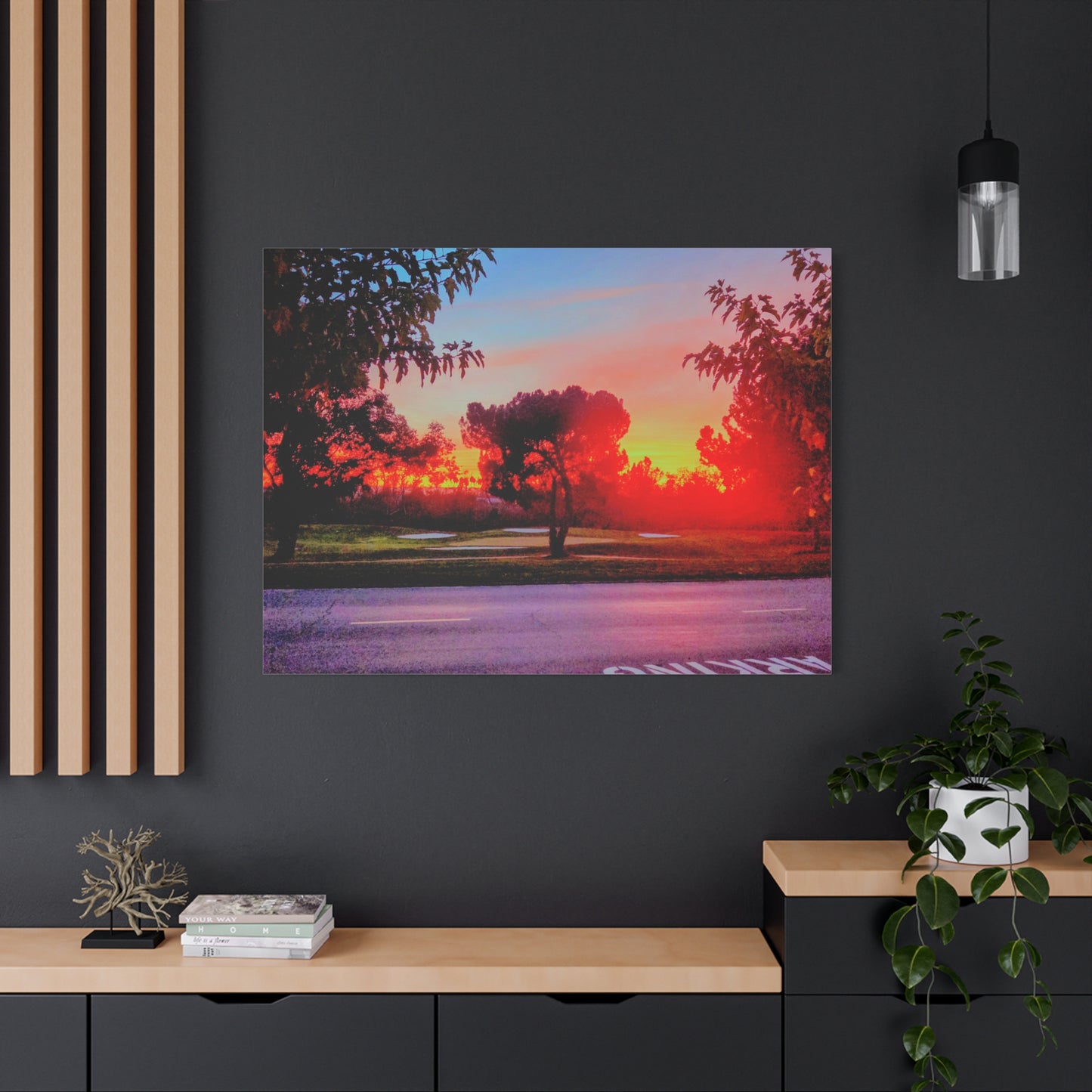 4th green @muni - Sunset Park Matte Canvas Print — Vibrant Red & Orange Landscape Wall Art