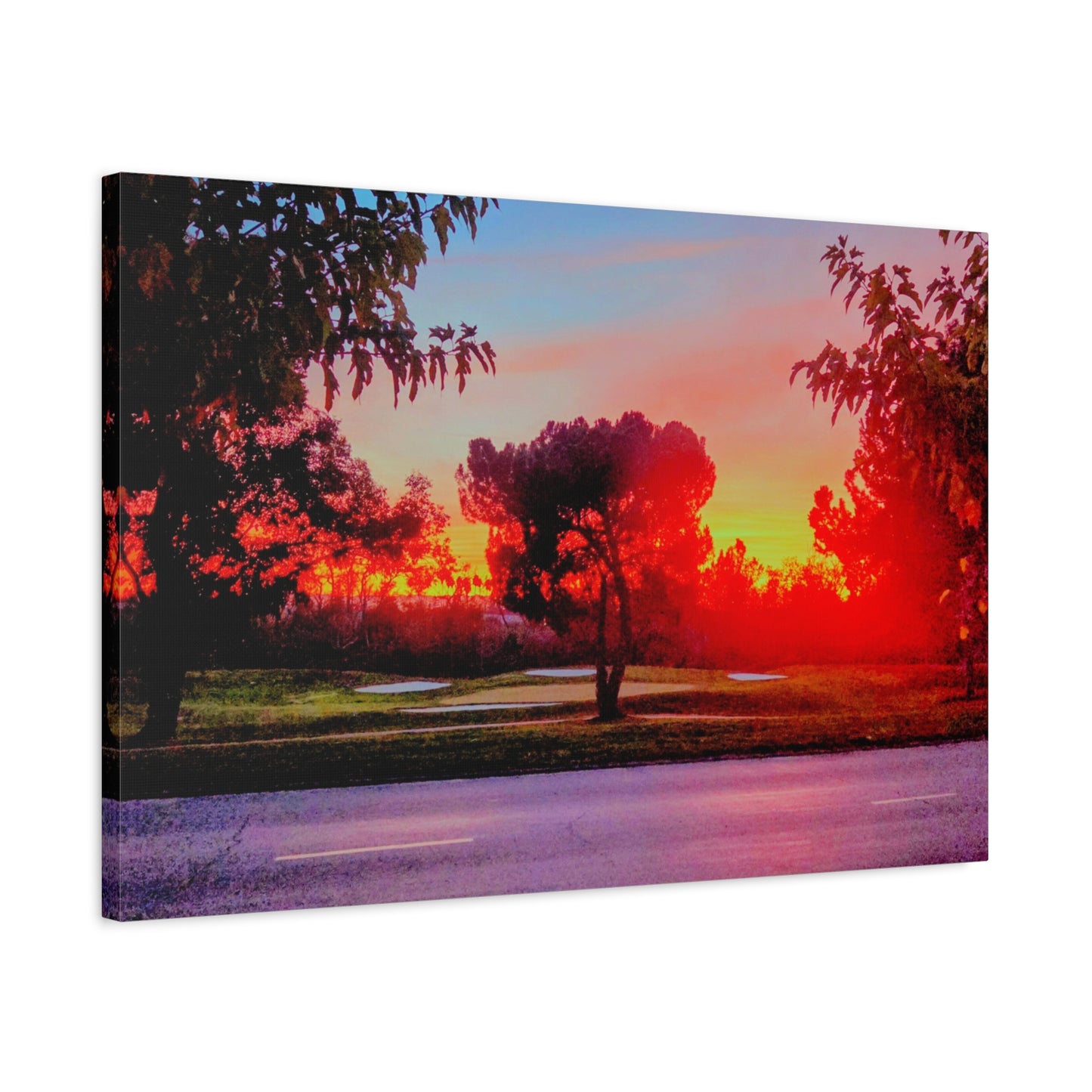 4th green @muni - Sunset Park Matte Canvas Print — Vibrant Red & Orange Landscape Wall Art