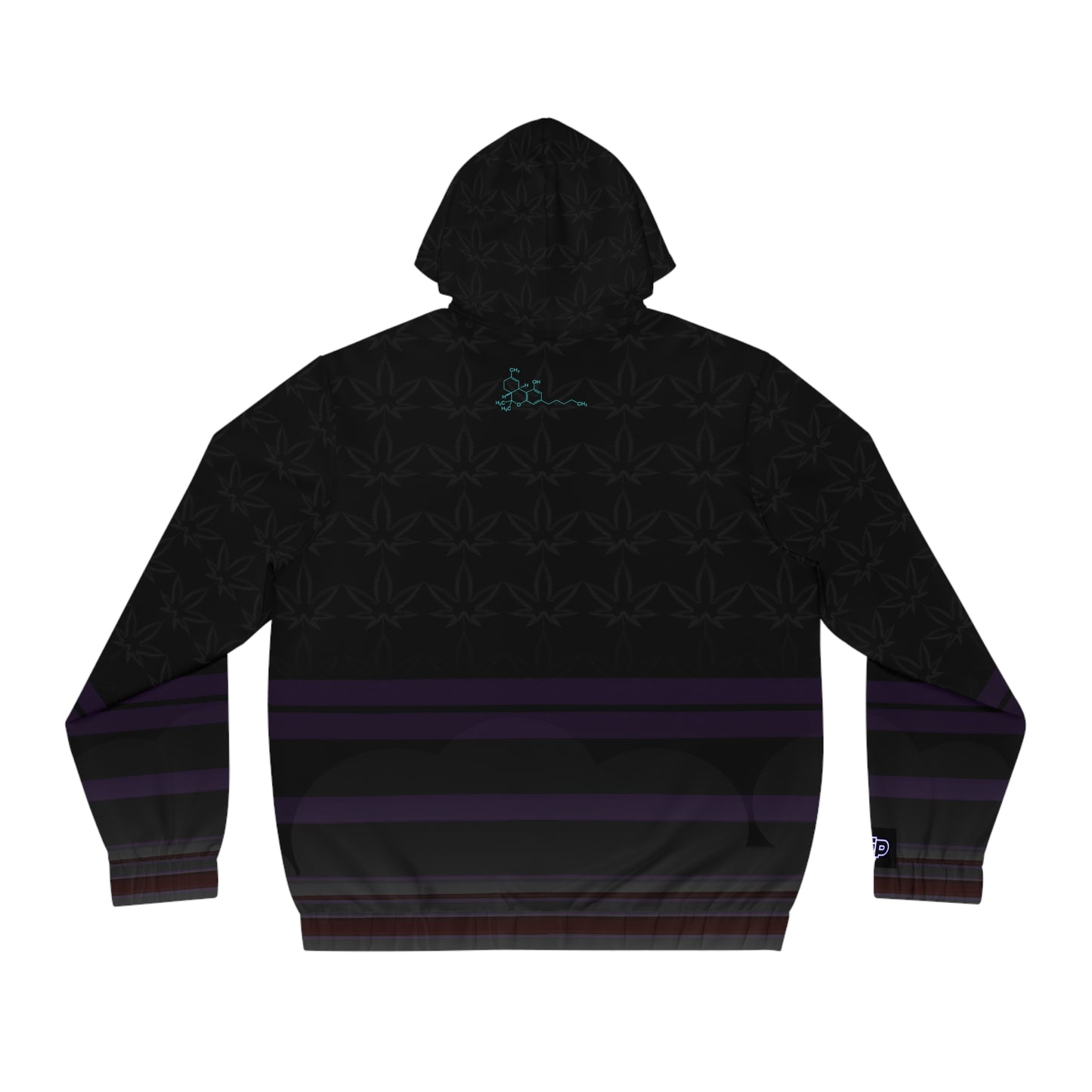 Men's Full-Zip Hoodie – Black Subtle Leaf Pattern with Purple Stripes & Green Emblem
