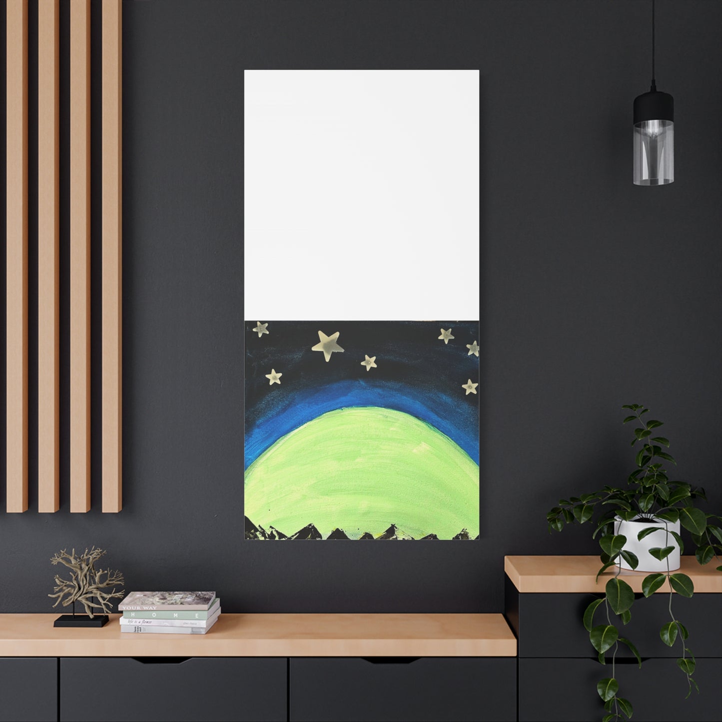 Green Moonrise Canvas Wall Art – Mountain Silhouette Nightscape