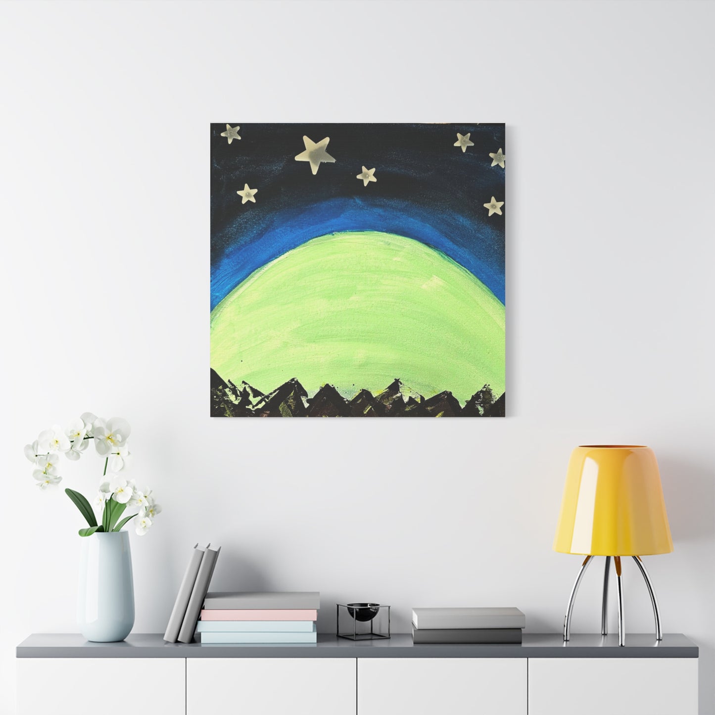 Green Moonrise Canvas Wall Art – Mountain Silhouette Nightscape